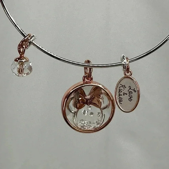 Disney Minnie Adjustable Bangle Bracelet Silvertone Rose Goldtone Love & Kisses - Picture 4 of 7
